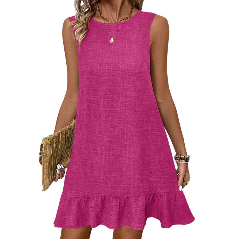 👗Vestido mini casual sem mangas com bainha com folhos para mulher💙