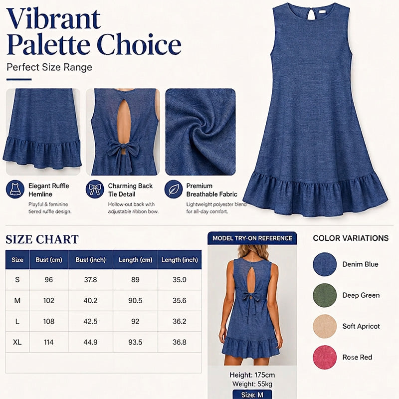 👗Vestido mini casual sem mangas com bainha com folhos para mulher💙