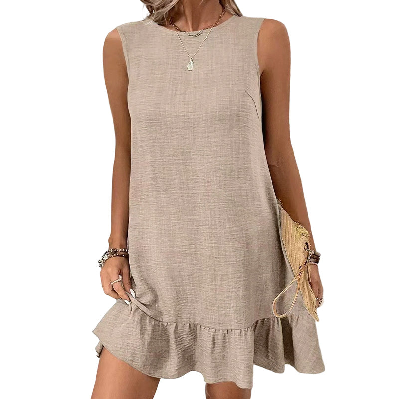 👗Vestido mini casual sem mangas com bainha com folhos para mulher💙