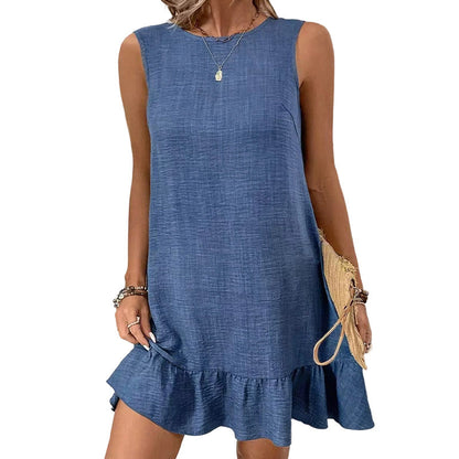👗Vestido mini casual sem mangas com bainha com folhos para mulher💙
