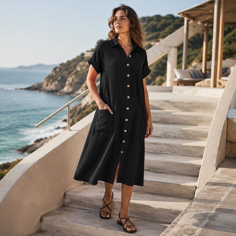 ✨👗Vestido-camisa de manga curta para mulher