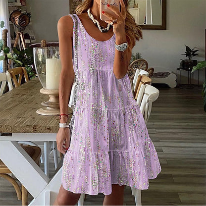 ✨👗Vestido midi sem mangas, com decote redondo e camadas, para mulher