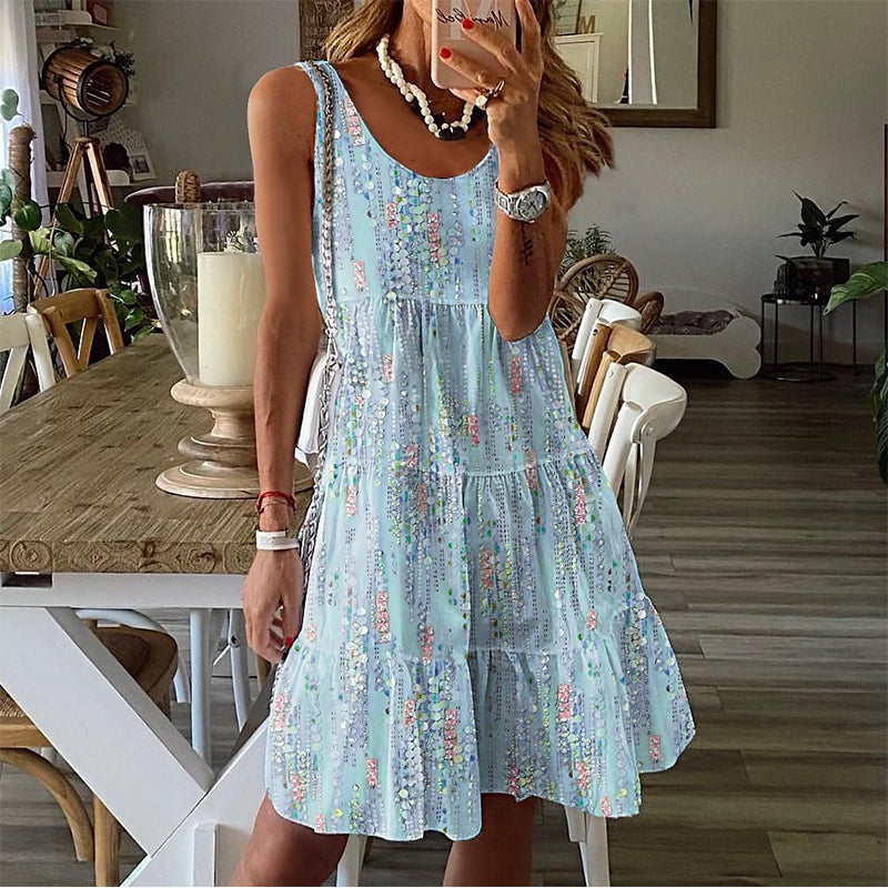 ✨👗Vestido midi sem mangas, com decote redondo e camadas, para mulher