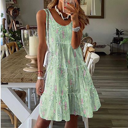 ✨👗Vestido midi sem mangas, com decote redondo e camadas, para mulher