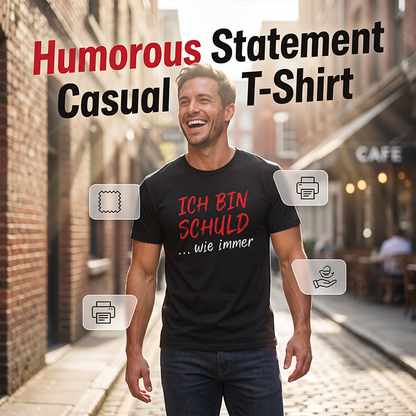T-shirt preta masculina com slogan engraçado em alemão – Camisola casual de manga curta e gola redonda