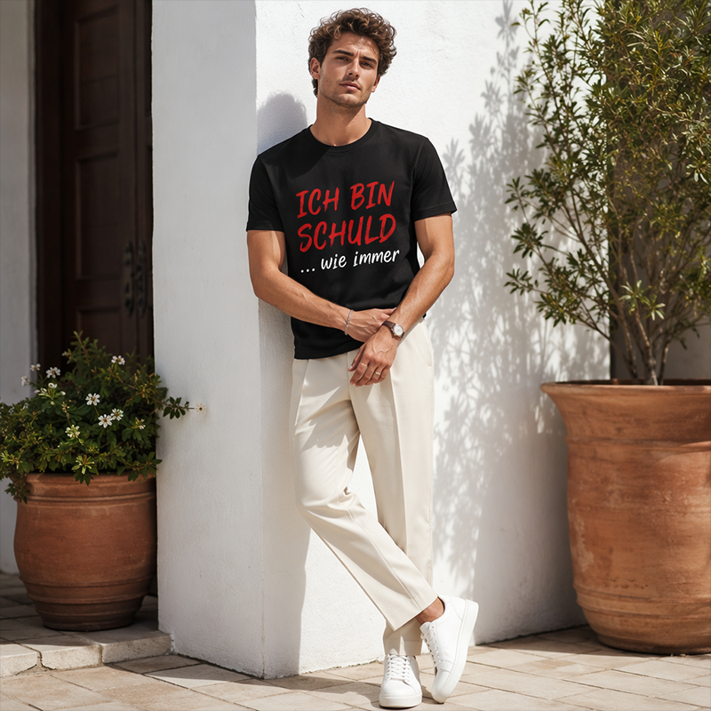 T-shirt preta masculina com slogan engraçado em alemão – Camisola casual de manga curta e gola redonda