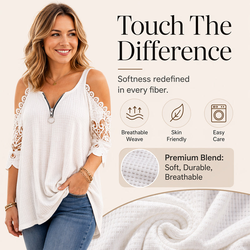 Top feminino de renda com ombros à mostra e fecho de correr