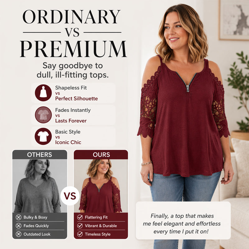 Top feminino de renda com ombros à mostra e fecho de correr