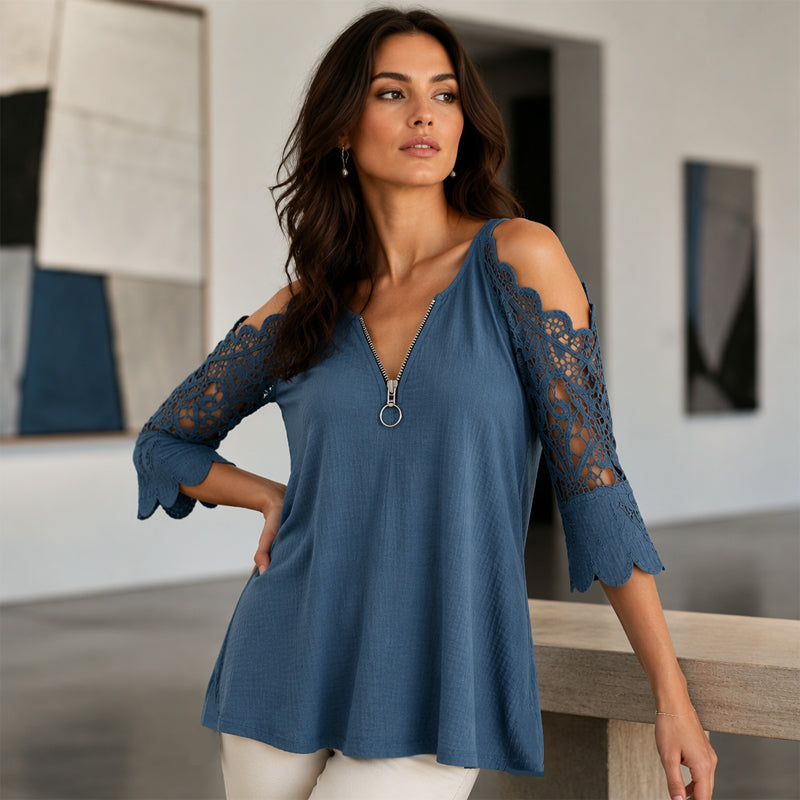 Top feminino de renda com ombros à mostra e fecho de correr
