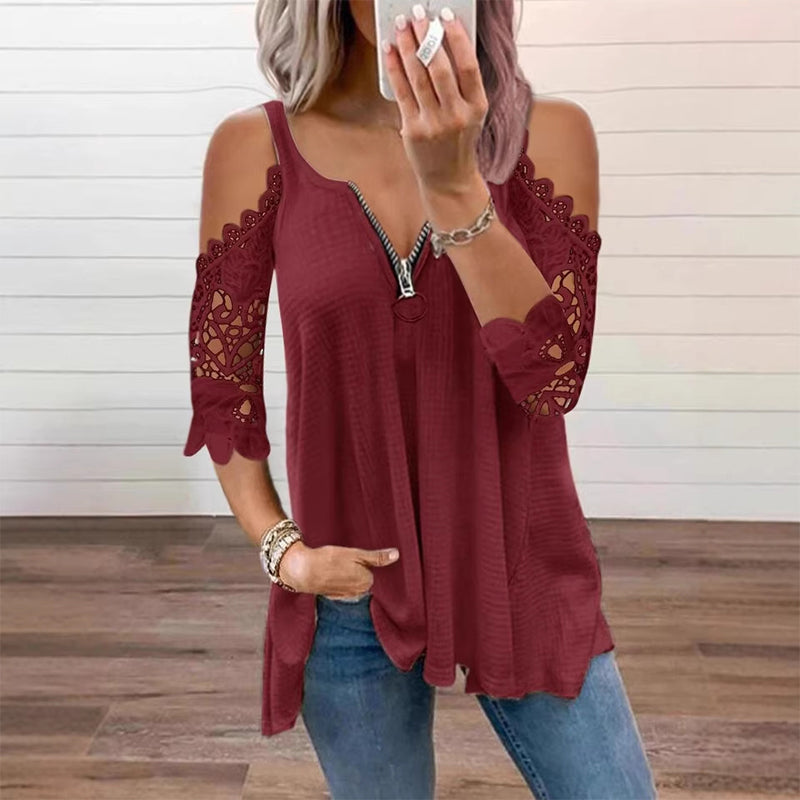 Top feminino de renda com ombros à mostra e fecho de correr