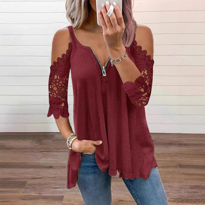 Top feminino de renda com ombros à mostra e fecho de correr
