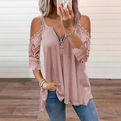 Top feminino de renda com ombros à mostra e fecho de correr