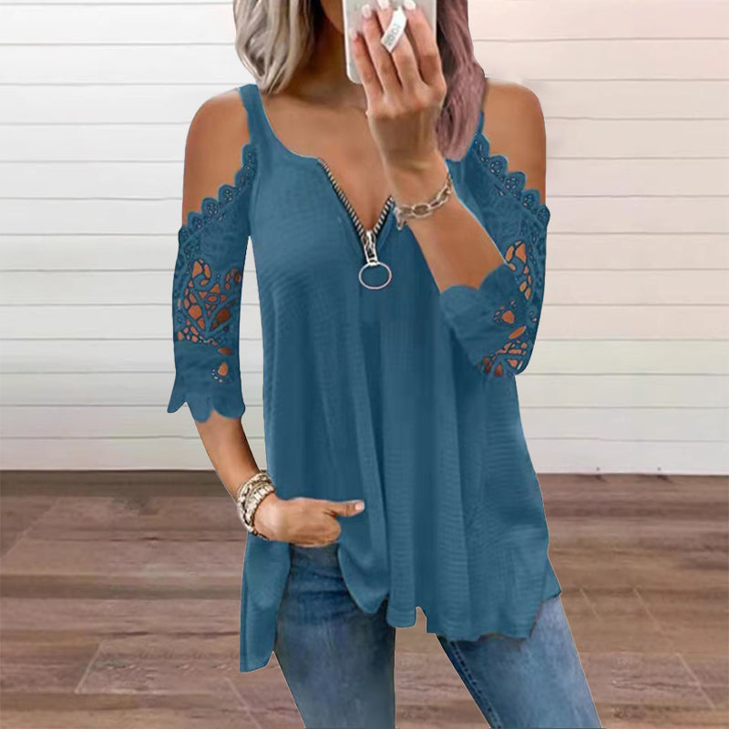 Top feminino de renda com ombros à mostra e fecho de correr