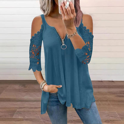 Top feminino de renda com ombros à mostra e fecho de correr