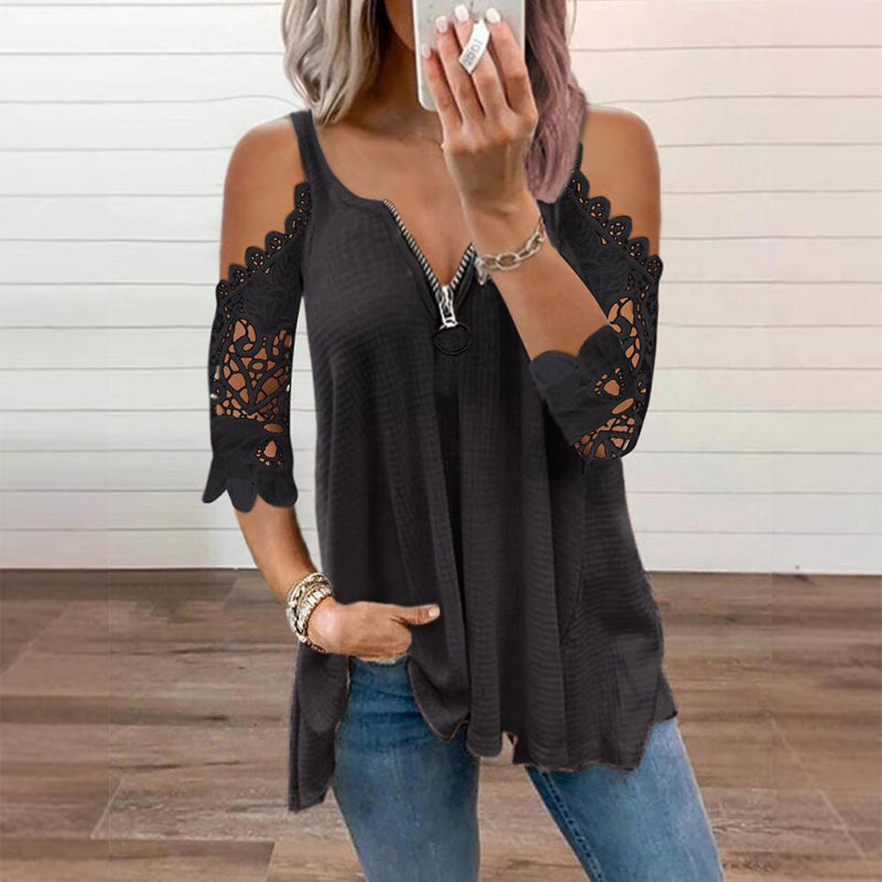Top feminino de renda com ombros à mostra e fecho de correr