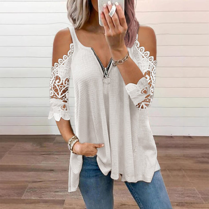 Top feminino de renda com ombros à mostra e fecho de correr