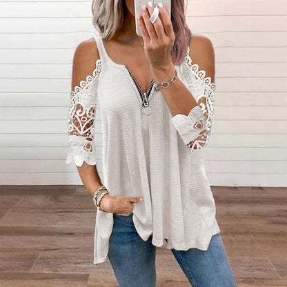 Top feminino de renda com ombros à mostra e fecho de correr