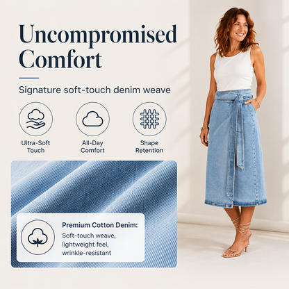 ✨🛍️Novidade - Saia envolvente em ganga vintage – Fecho ajustável com laço lateral e comprimento midi versátil, ideal para usar tanto de dia como à noite