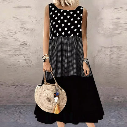 Sucesso de vendas🏆👗 Vestido sem mangas em patchwork – Estampado versátil com bolinhas e xadrez para todas as ocasiões 🌸✨