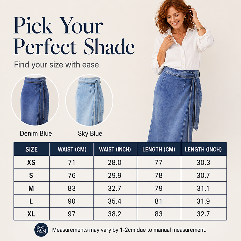 ✨🛍️Novidade - Saia envolvente em ganga vintage – Fecho ajustável com laço lateral e comprimento midi versátil, ideal para usar tanto de dia como à noite