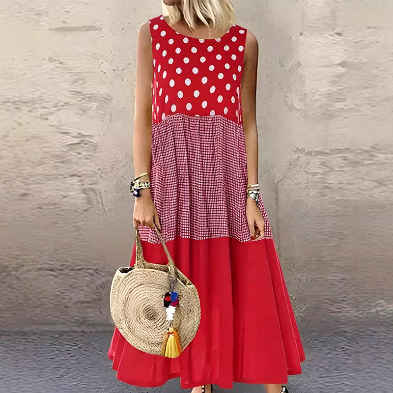 Sucesso de vendas🏆👗 Vestido sem mangas em patchwork – Estampado versátil com bolinhas e xadrez para todas as ocasiões 🌸✨