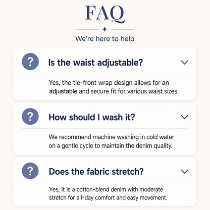 ✨🛍️Novidade - Saia envolvente em ganga vintage – Fecho ajustável com laço lateral e comprimento midi versátil, ideal para usar tanto de dia como à noite