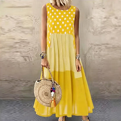 Sucesso de vendas🏆👗 Vestido sem mangas em patchwork – Estampado versátil com bolinhas e xadrez para todas as ocasiões 🌸✨