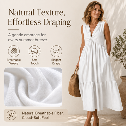 ✨🛍️Novidade - Vestido plissado com decote em V e bolsos laterais – Leve e arejado, ideal para passeios na praia ou um brunch 🍃