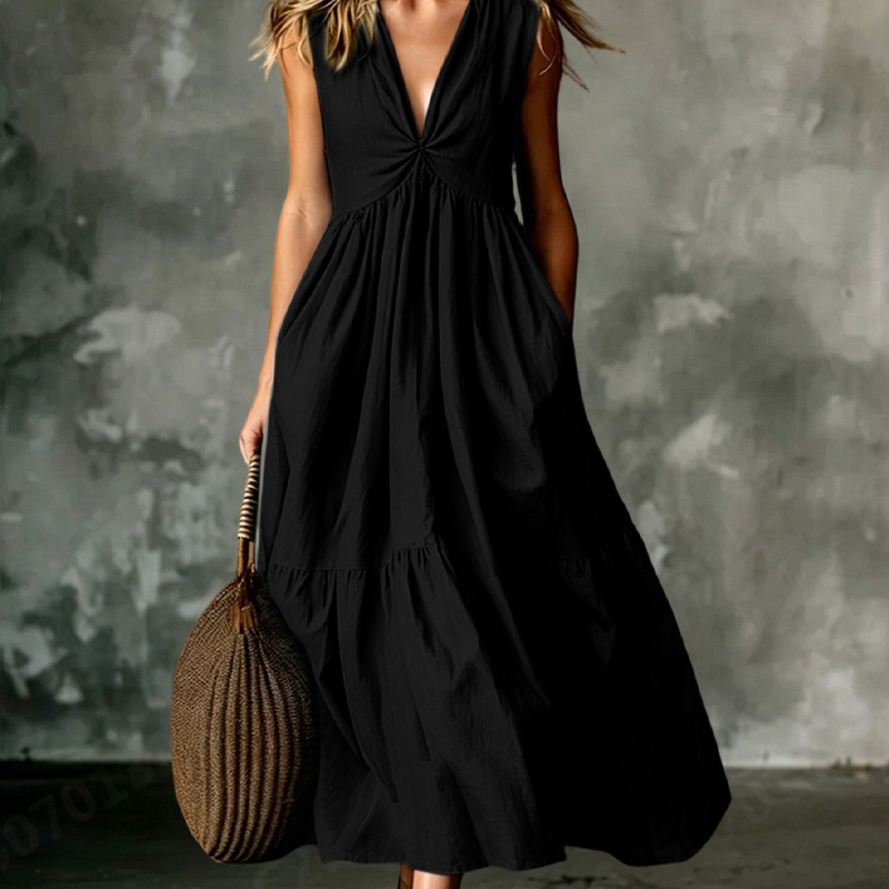 ✨🛍️Novidade - Vestido plissado com decote em V e bolsos laterais – Leve e arejado, ideal para passeios na praia ou um brunch 🍃