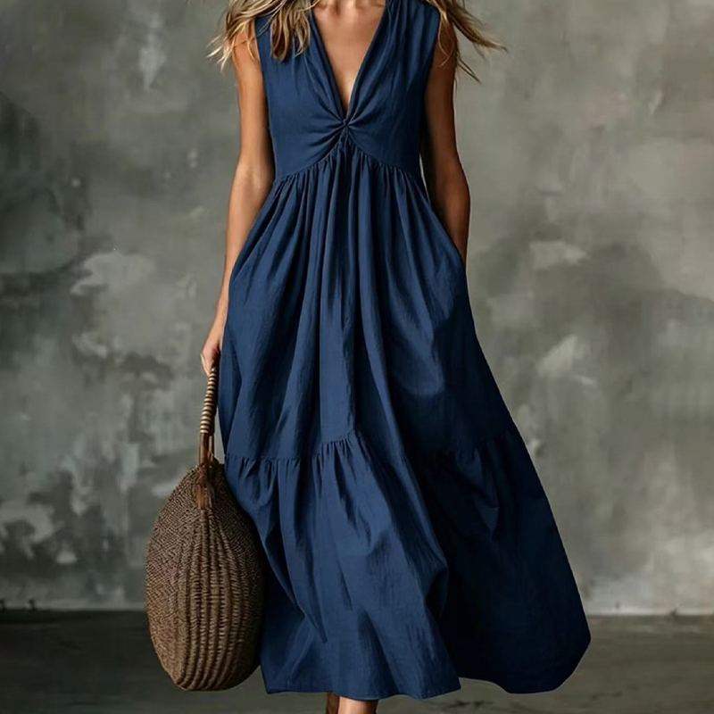 ✨🛍️Novidade - Vestido plissado com decote em V e bolsos laterais – Leve e arejado, ideal para passeios na praia ou um brunch 🍃