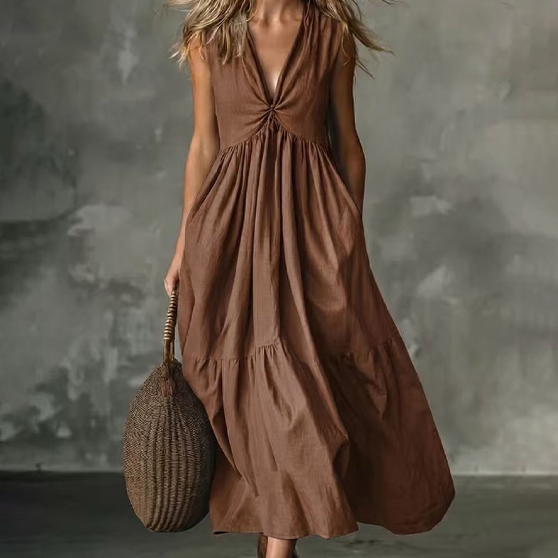 ✨🛍️Novidade - Vestido plissado com decote em V e bolsos laterais – Leve e arejado, ideal para passeios na praia ou um brunch 🍃