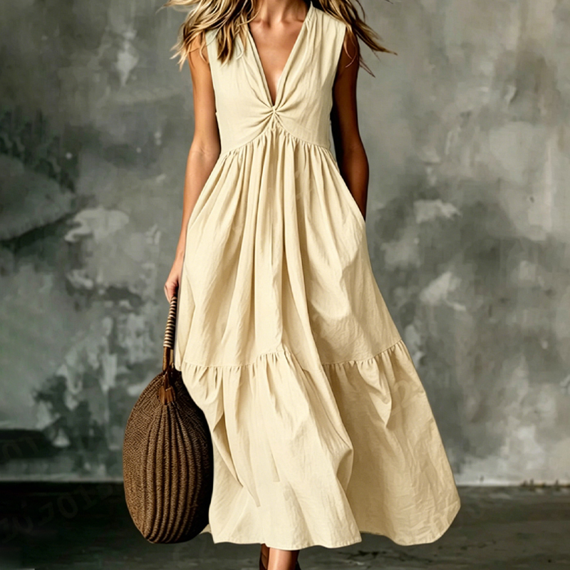 ✨🛍️Novidade - Vestido plissado com decote em V e bolsos laterais – Leve e arejado, ideal para passeios na praia ou um brunch 🍃