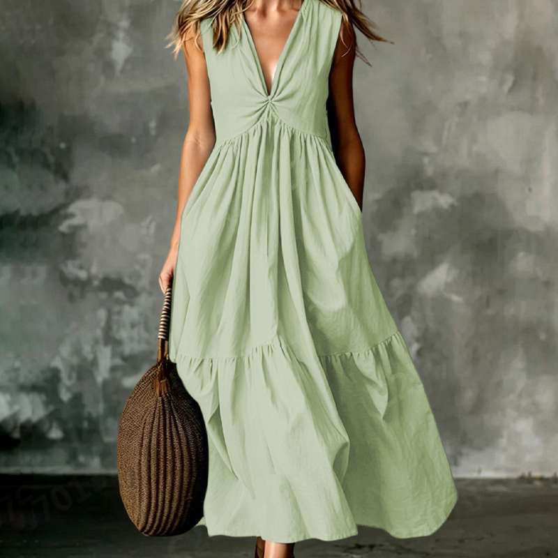 ✨🛍️Novidade - Vestido plissado com decote em V e bolsos laterais – Leve e arejado, ideal para passeios na praia ou um brunch 🍃