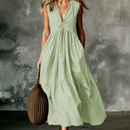 ✨🛍️Novidade - Vestido plissado com decote em V e bolsos laterais – Leve e arejado, ideal para passeios na praia ou um brunch 🍃