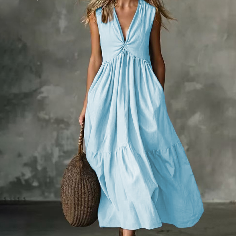 ✨🛍️Novidade - Vestido plissado com decote em V e bolsos laterais – Leve e arejado, ideal para passeios na praia ou um brunch 🍃