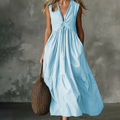 ✨🛍️Novidade - Vestido plissado com decote em V e bolsos laterais – Leve e arejado, ideal para passeios na praia ou um brunch 🍃