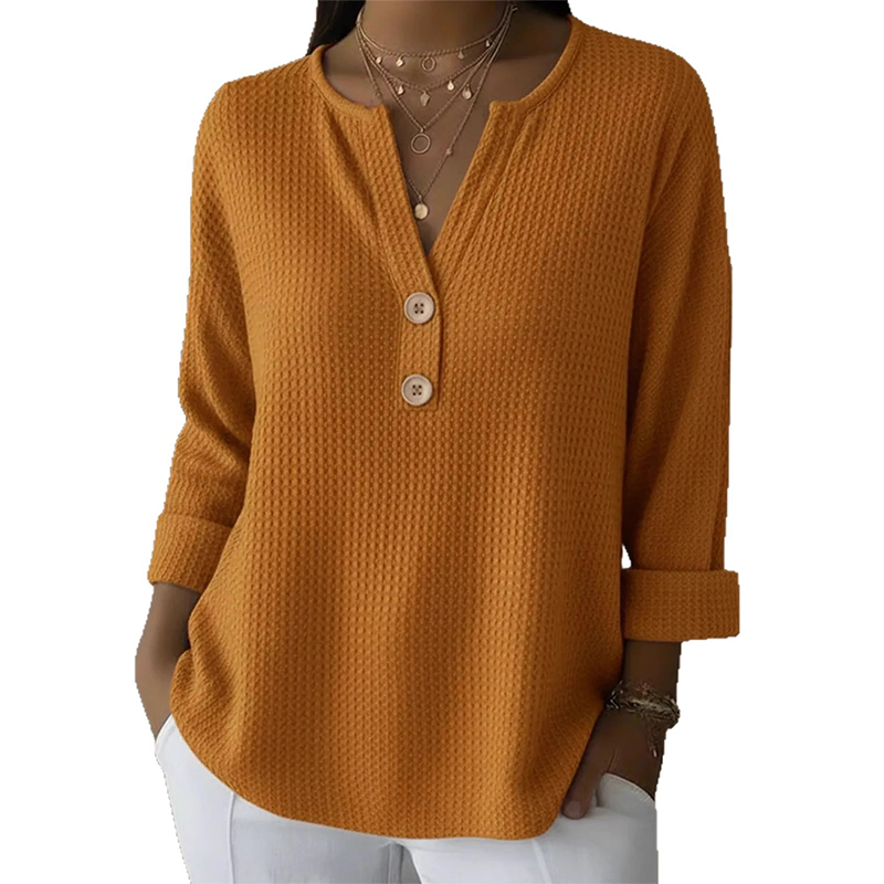 👚Escolha de destaque – Camisola Henley com decote em V e textura tipo waffle – Tecido respirável e cores lisas versáteis 🌿
