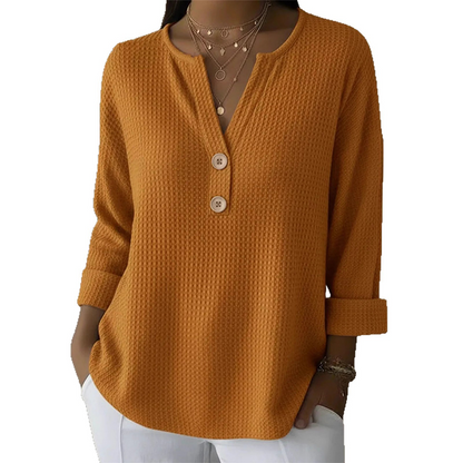 👚Escolha de destaque – Camisola Henley com decote em V e textura tipo waffle – Tecido respirável e cores lisas versáteis 🌿