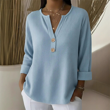 👚Escolha de destaque – Camisola Henley com decote em V e textura tipo waffle – Tecido respirável e cores lisas versáteis 🌿