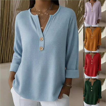 👚Escolha de destaque – Camisola Henley com decote em V e textura tipo waffle – Tecido respirável e cores lisas versáteis 🌿