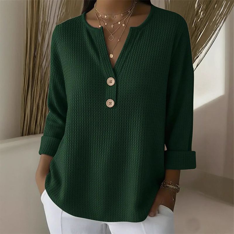 👚Escolha de destaque – Camisola Henley com decote em V e textura tipo waffle – Tecido respirável e cores lisas versáteis 🌿