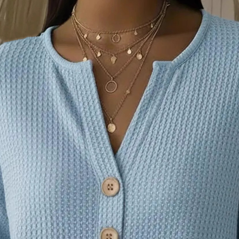 👚Escolha de destaque – Camisola Henley com decote em V e textura tipo waffle – Tecido respirável e cores lisas versáteis 🌿