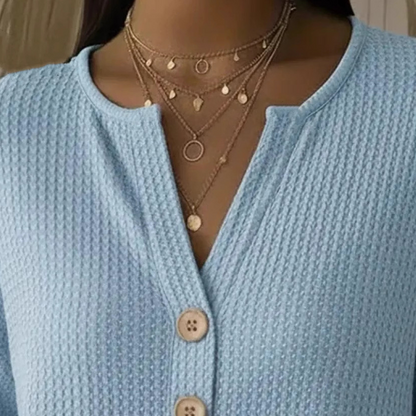 👚Escolha de destaque – Camisola Henley com decote em V e textura tipo waffle – Tecido respirável e cores lisas versáteis 🌿