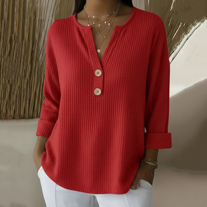 👚Escolha de destaque – Camisola Henley com decote em V e textura tipo waffle – Tecido respirável e cores lisas versáteis 🌿