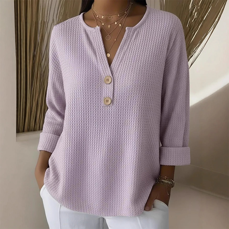 👚Escolha de destaque – Camisola Henley com decote em V e textura tipo waffle – Tecido respirável e cores lisas versáteis 🌿