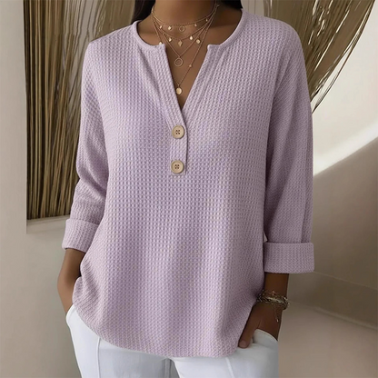 👚Escolha de destaque – Camisola Henley com decote em V e textura tipo waffle – Tecido respirável e cores lisas versáteis 🌿