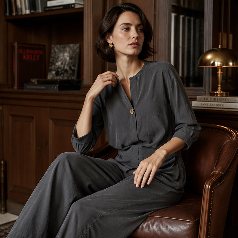 ✨👗Conjunto de camisa casual e calças de perna larga para mulher