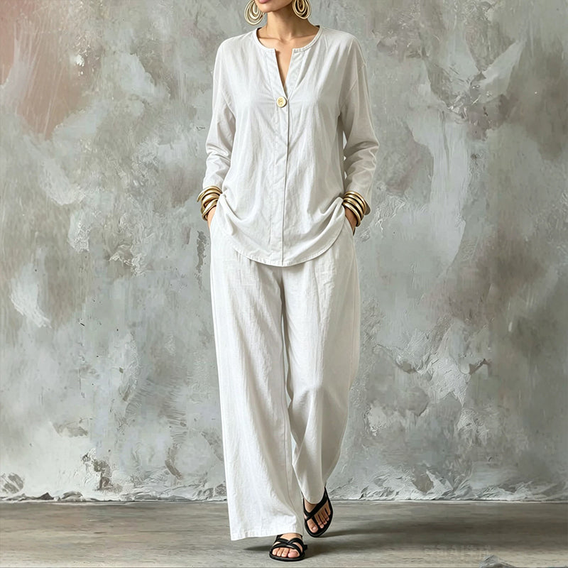 ✨👗Conjunto de camisa casual e calças de perna larga para mulher