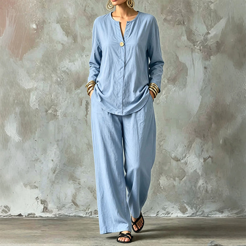 ✨👗Conjunto de camisa casual e calças de perna larga para mulher