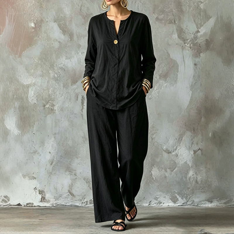 ✨👗Conjunto de camisa casual e calças de perna larga para mulher